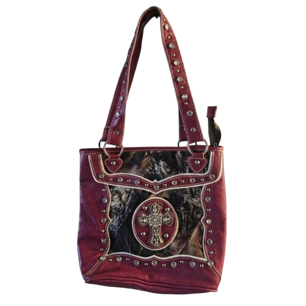 Pink Camo Western Crossbody Purse Rhinestone Cross Studded Handbag Cowgirl Satch